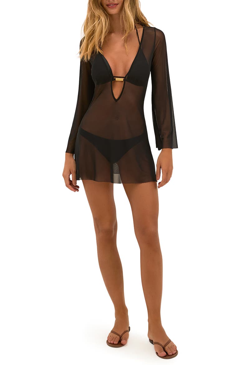 Lidi Long Sleeve Mesh Cover-Up Minidress, Main, color, BLACK