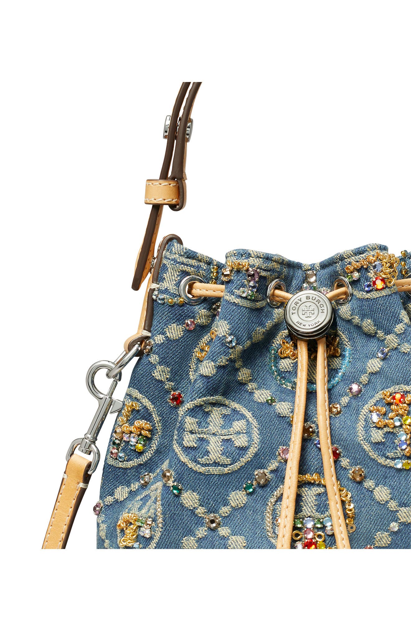 Tory Burch T Monogram Embellished Denim Bucket Bag, Alternate, color, 