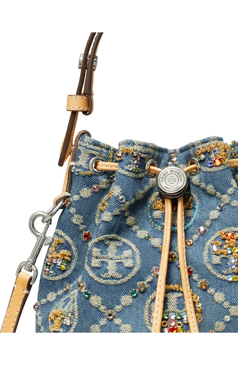 Tory Burch T Monogram Embellished Denim Bucket Bag, Alternate, color,