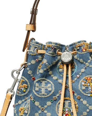 T Monogram Embellished Denim Bucket Bag