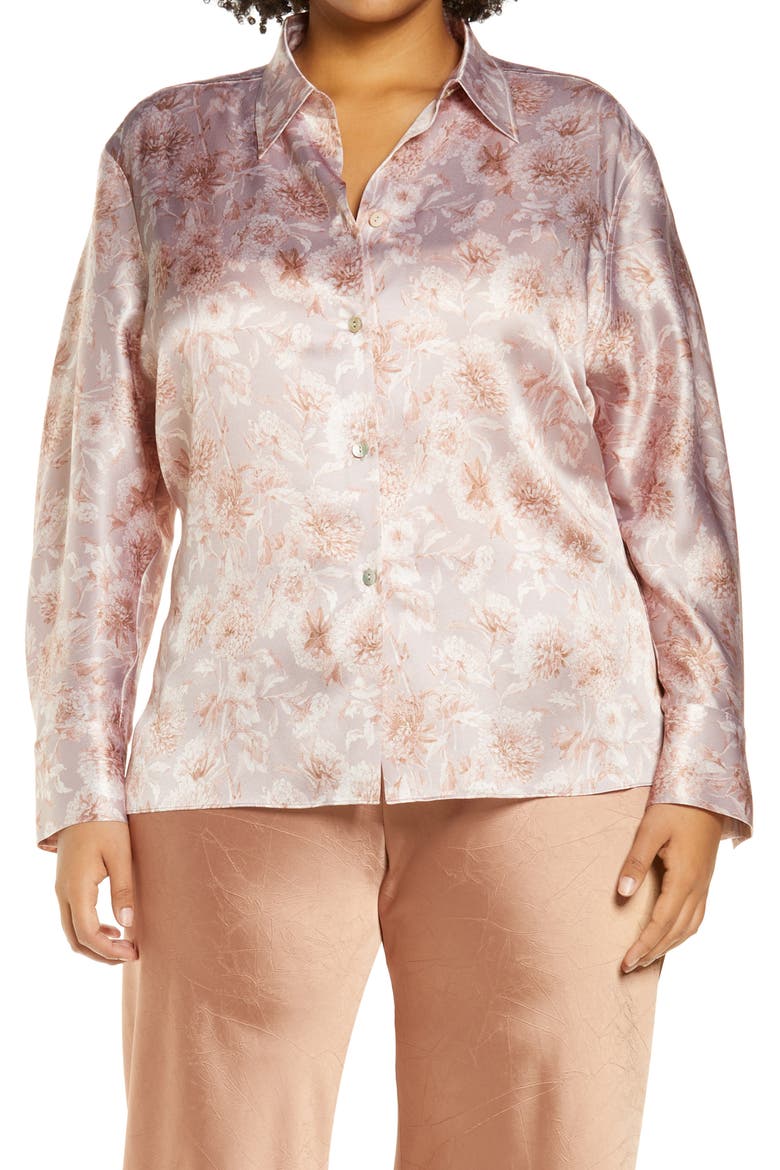 Dahlia Floral Print Silk Shirt, Main, color, LOTUS SHELL