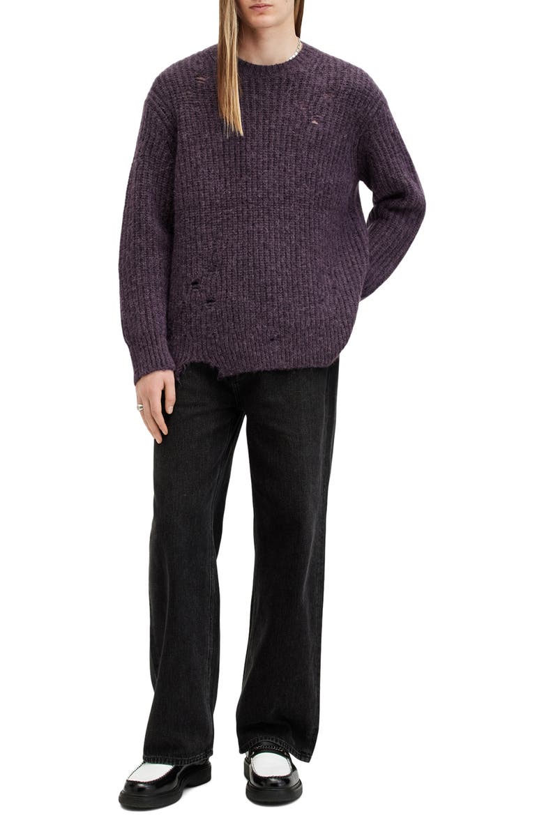 AllSaints Slane Distressed Wool, Alpaca & Cotton Crewneck Sweater, Alternate, color, Cosmic Purple