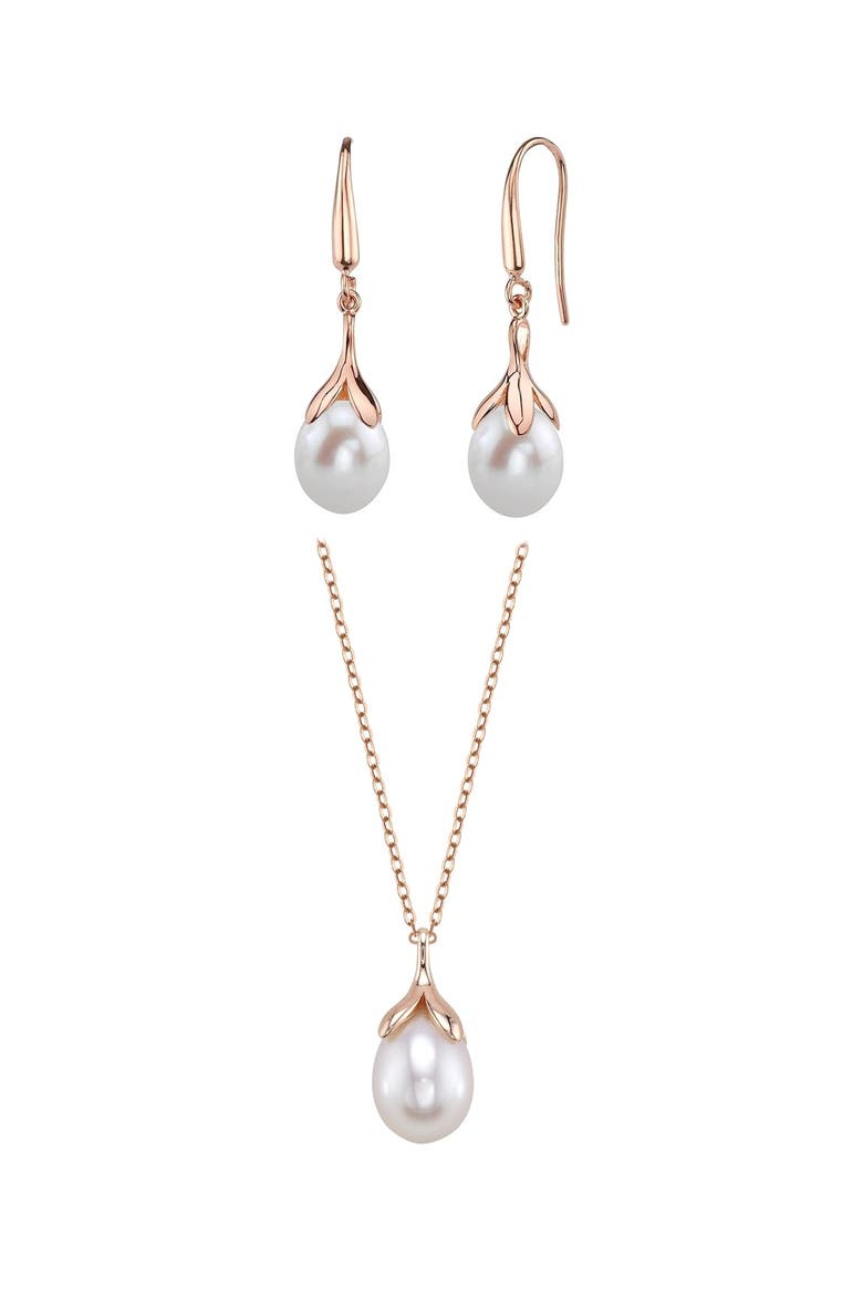 10-11mm Freshwater Pearl Rose Gold Plated Olive Drop Pendant and Earrings Set, Main, color, White Pearls