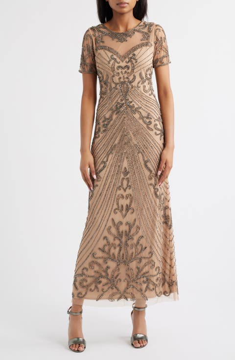 Illusion Beaded Mesh Column Gown