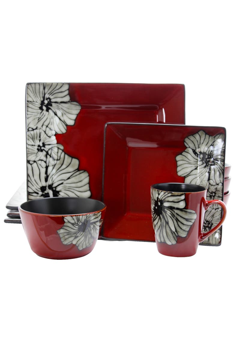 Winter Bloom 16 Piece Square Stoneware Dinnerware Set, Alternate, color, Red