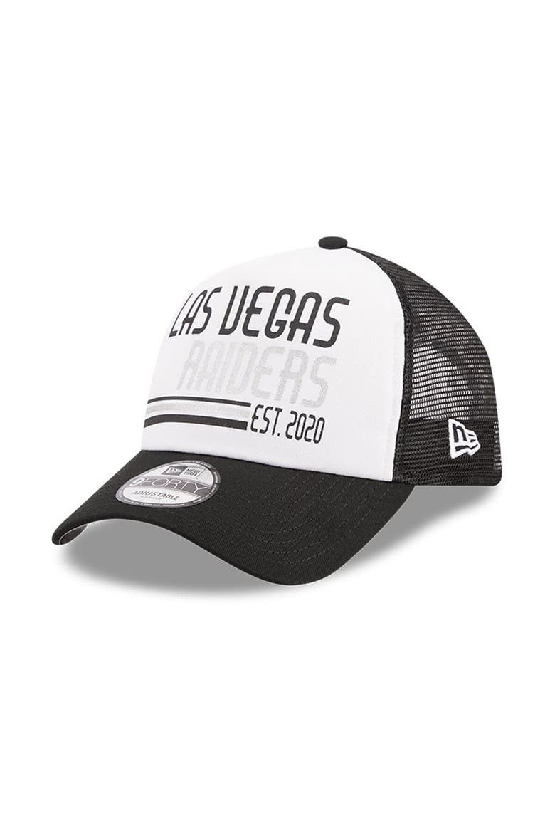 Men's New Era White/Black Las Vegas Raiders Stacked A-Frame Trucker 9FORTY Adjustable Hat, Main, color, White
