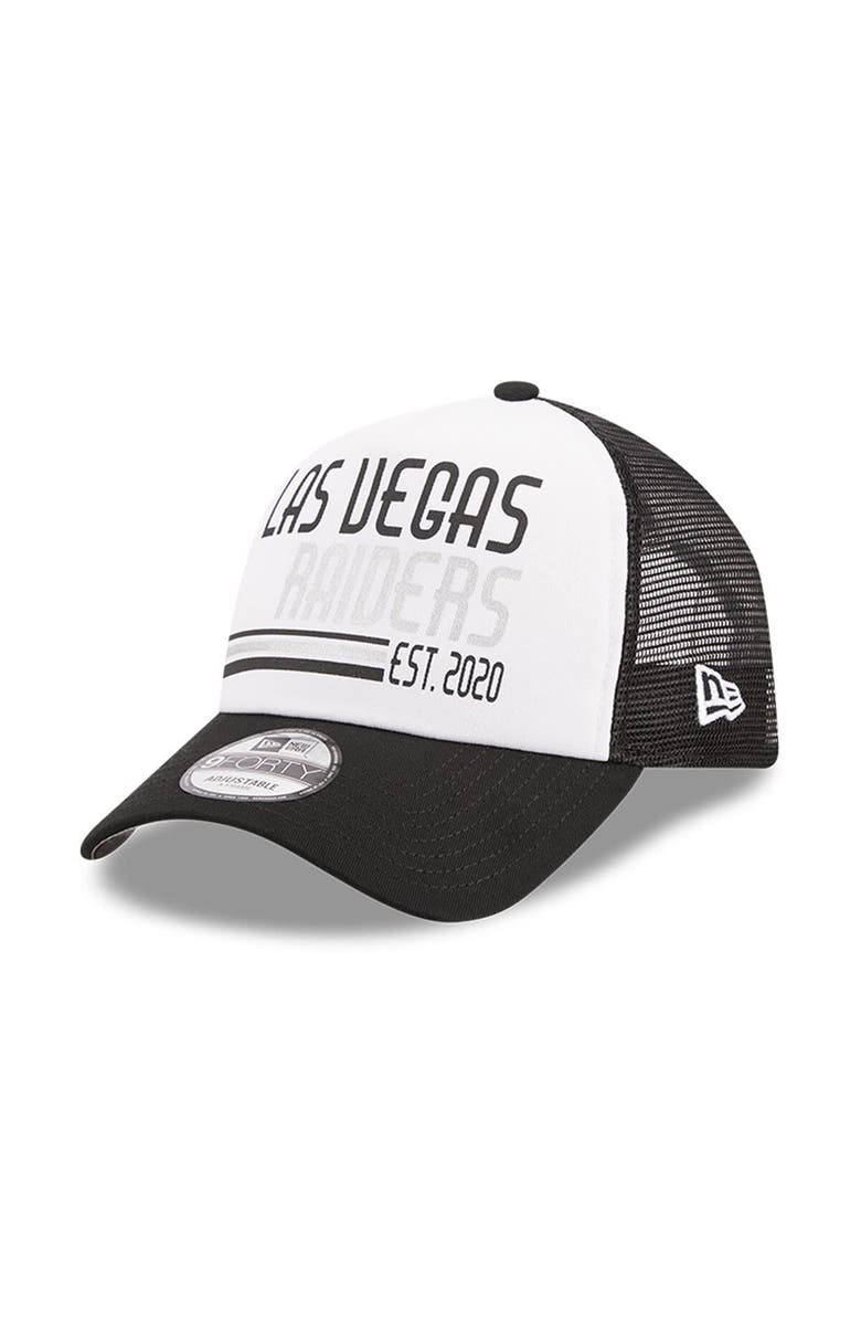 New Era Men's New Era White/Black Las Vegas Raiders Stacked A-Frame Trucker 9FORTY Adjustable Hat, Main, color, White