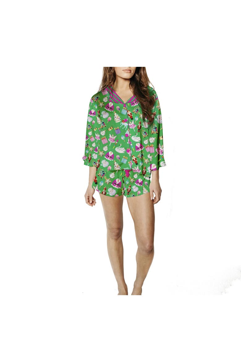 Holiday Bauble Silky 3/4 Sleeve Shorts Set, Main, color, Green