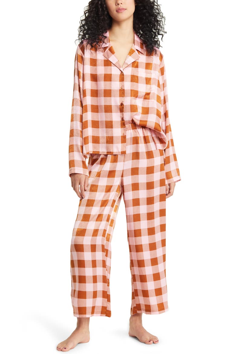 Satin Pajama Set, Main, color, BROWN BUCKTHORN SANDY PLAID