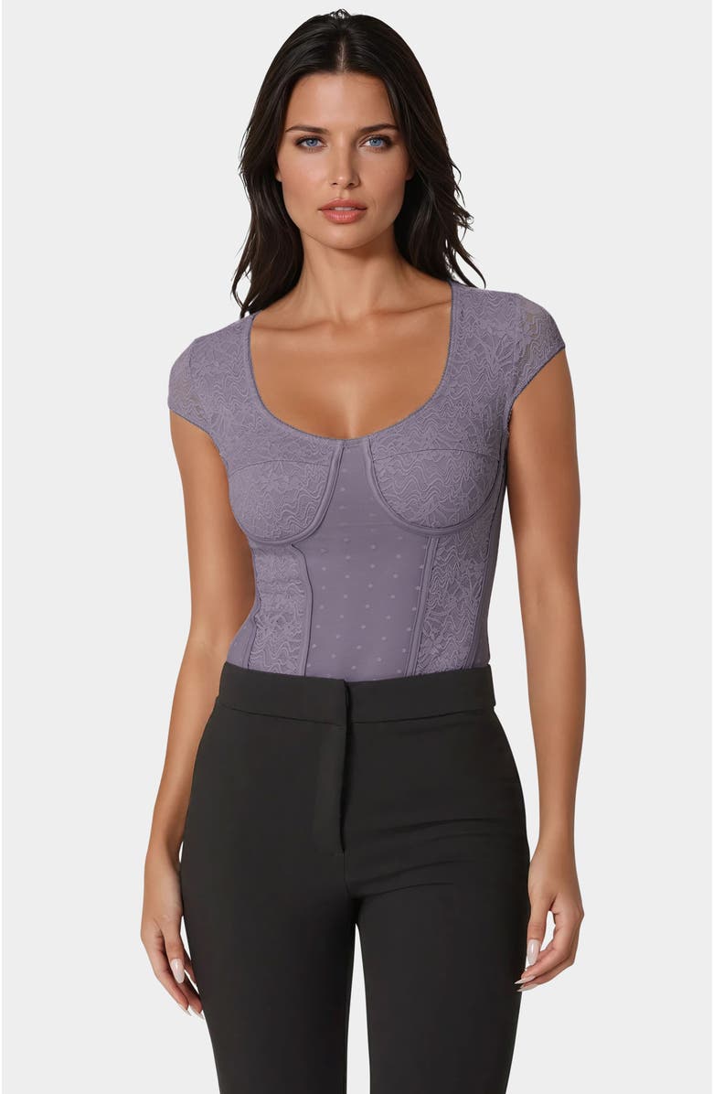 bebe Swiss Dot Lace Bodysuit, Main, color, Purple Ash