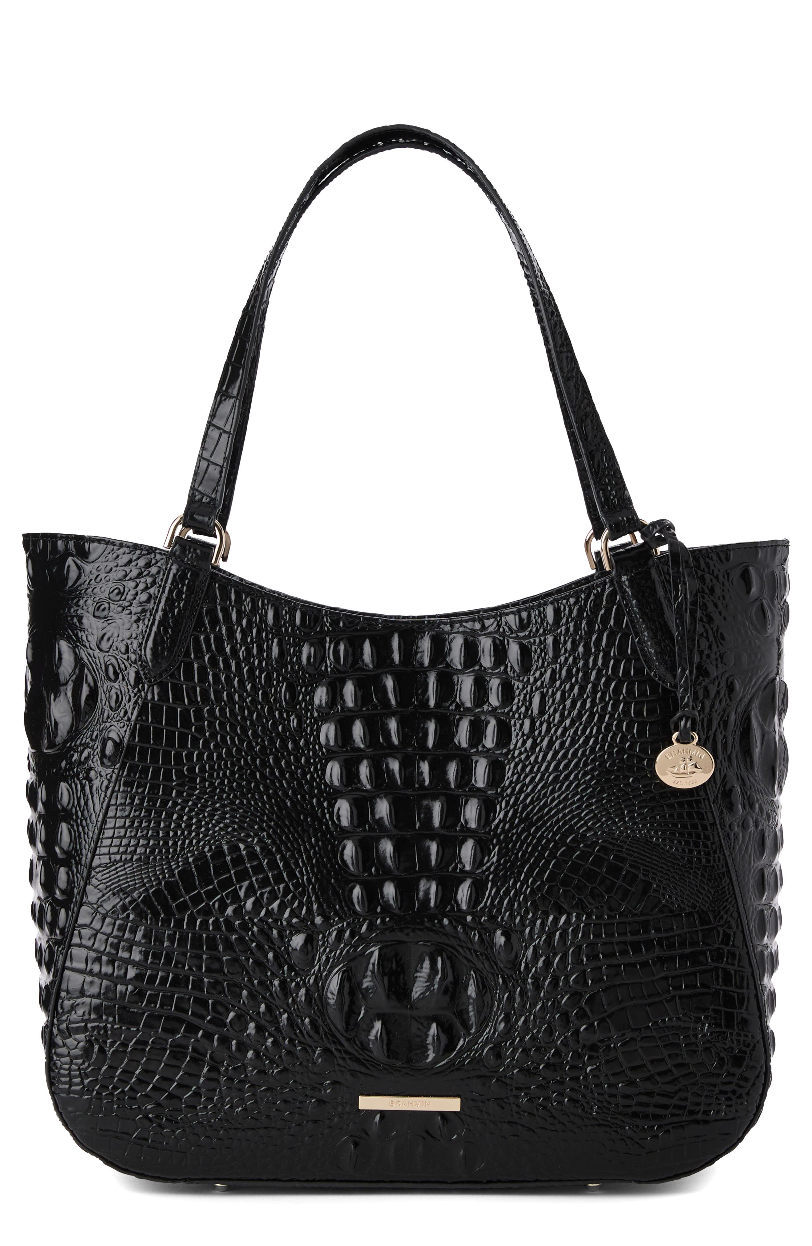 Brahmin Aliza Croc Embossed Leather Tote, Main, color, Black Melbourne