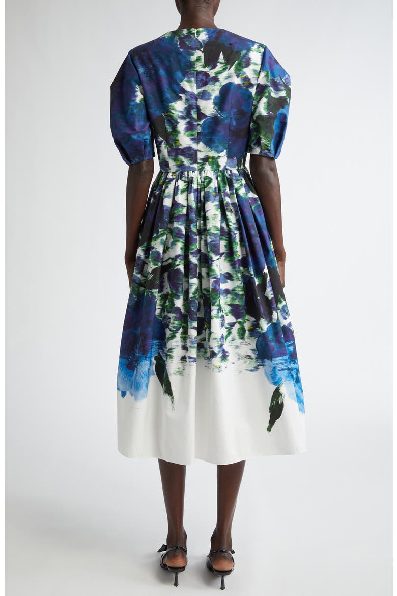 Floral Pleated Cotton Faille A-Line Midi Dress, Alternate, color, BLUE
