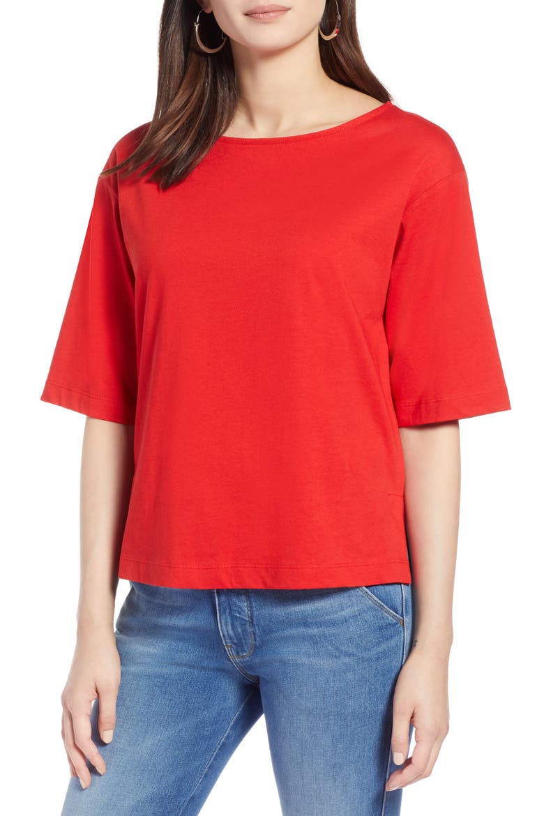 Boat Neck Cotton Top, Main, color, RED CHINOISE