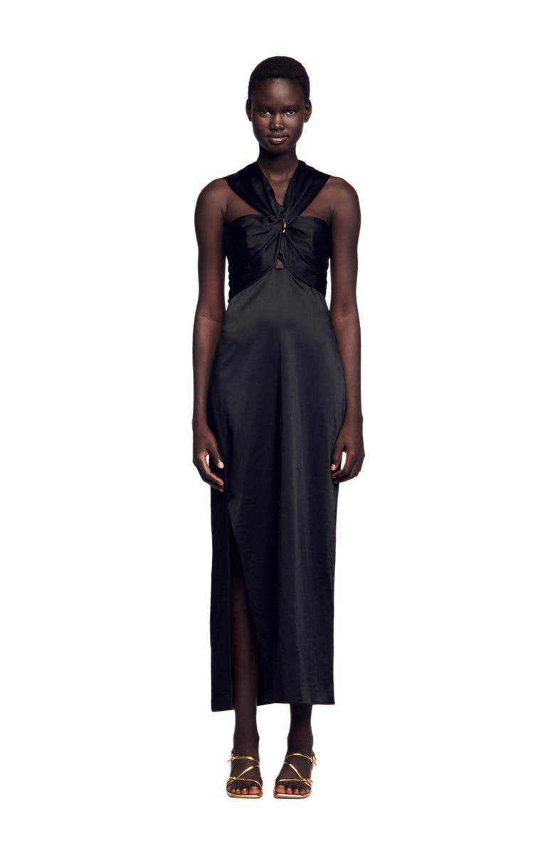 SANDRO Slit satin-effect maxi dress, Main, color, Black
