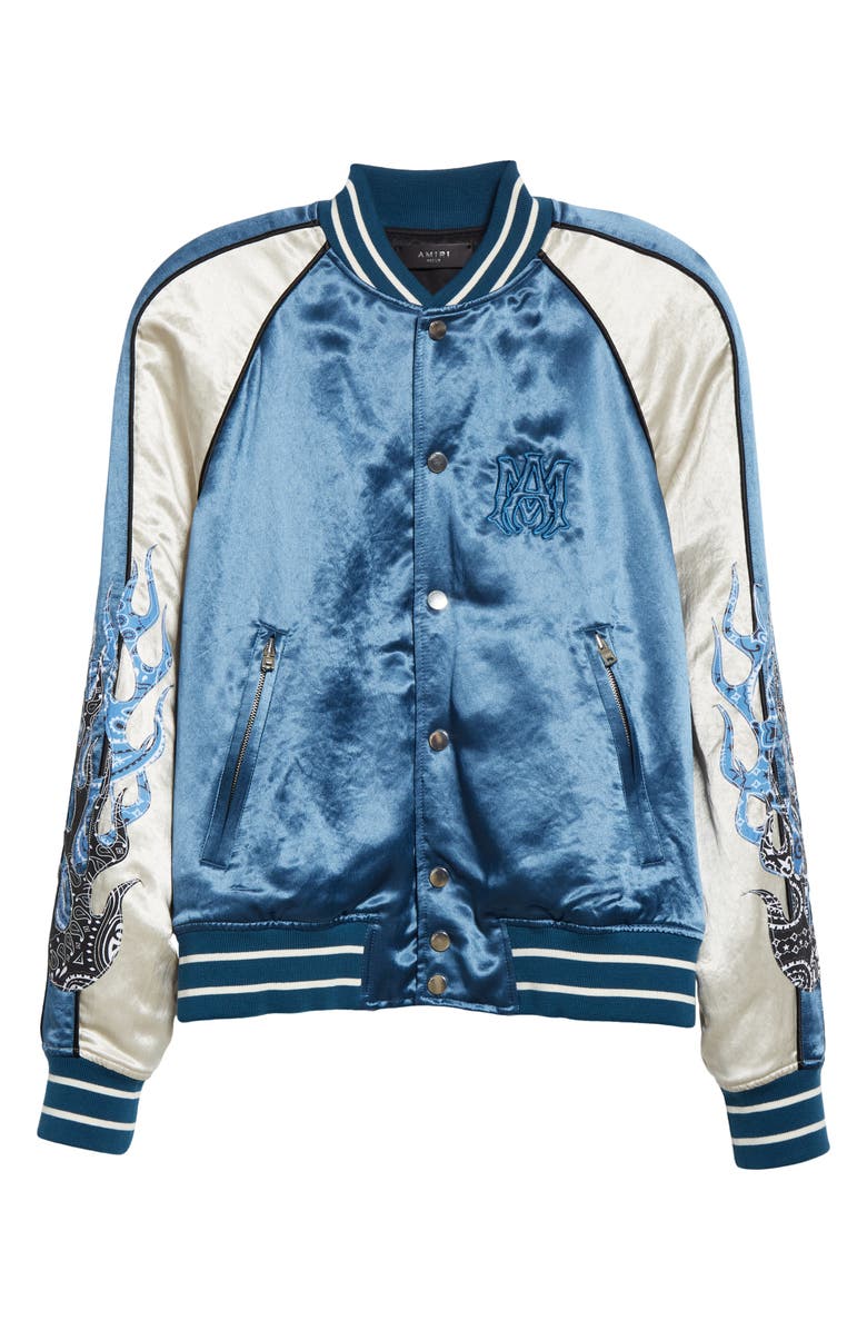 AMIRI Bandana Flames Satin & Velour Letterman Jacket, Alternate, color, 
