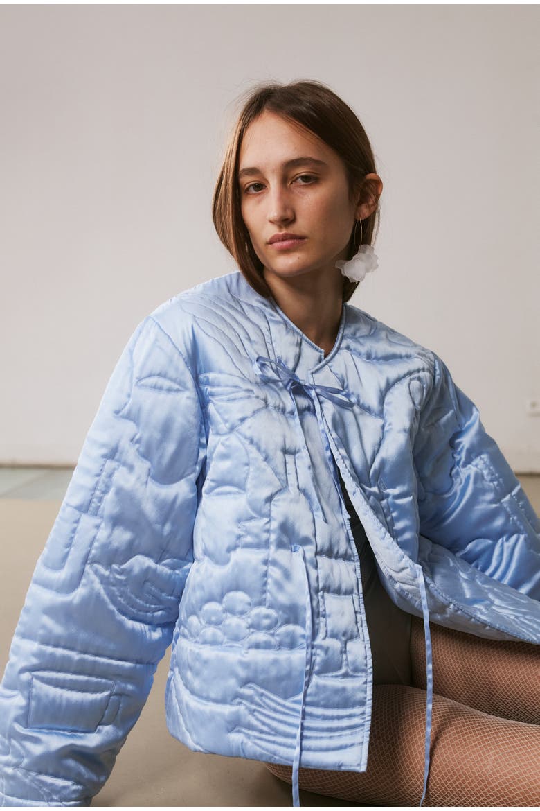 Iris Embroidered Satin Jacket, Alternate, color, Light Blue