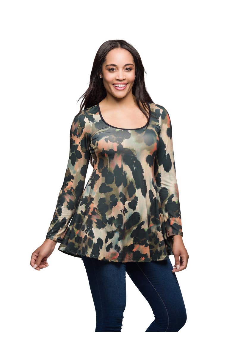 24seven Comfort Apparel Long Sleeve Scoop Neck A Line Top, Alternate, color, Green Multi