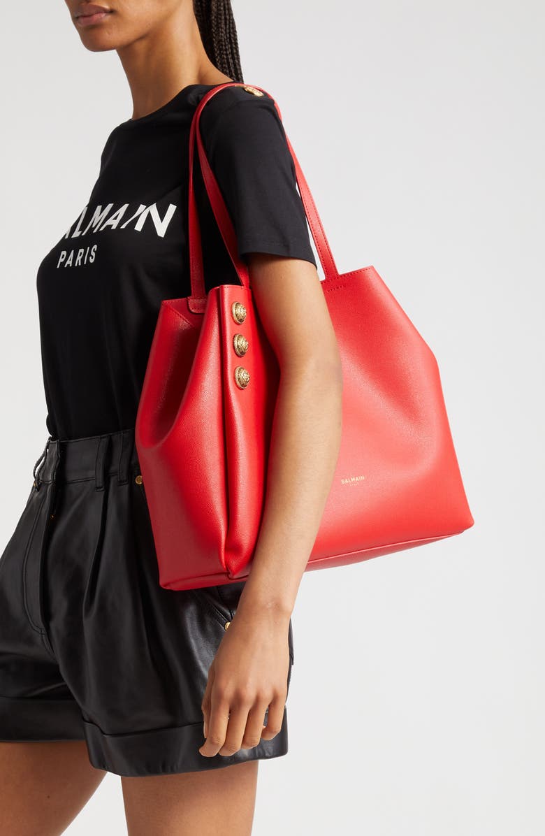 Balmain Emblem Crest Button Calfskin Shopper, Alternate, color, 3Kb Bright Red