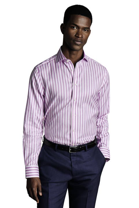 Wide Stripe Non-Iron Twill Cutaway Slim Fit Shirt Single Cuff