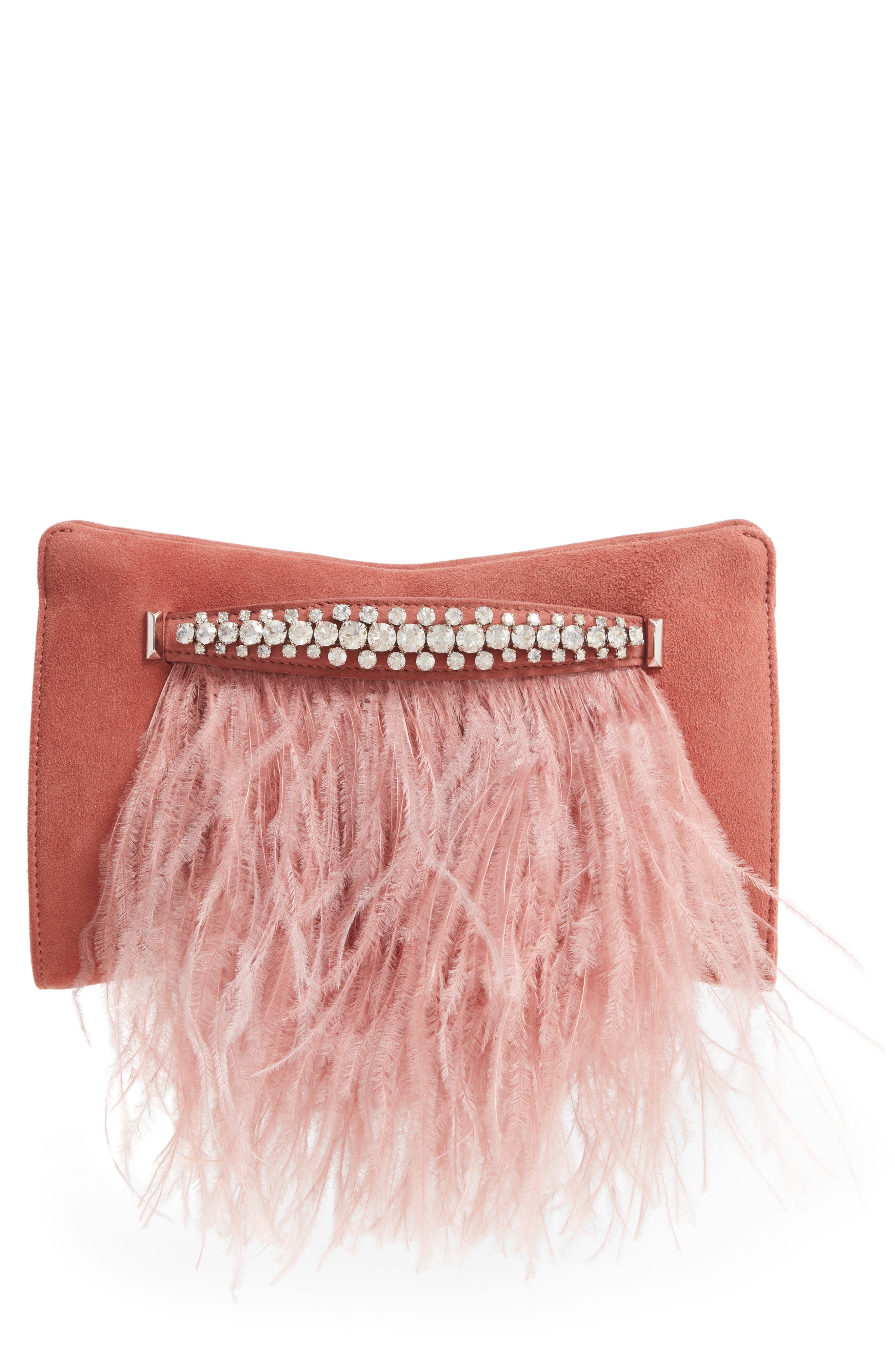 Jimmy Choo Feather Leather Clutch with Crystal Bracelet Handle, Main, color, 