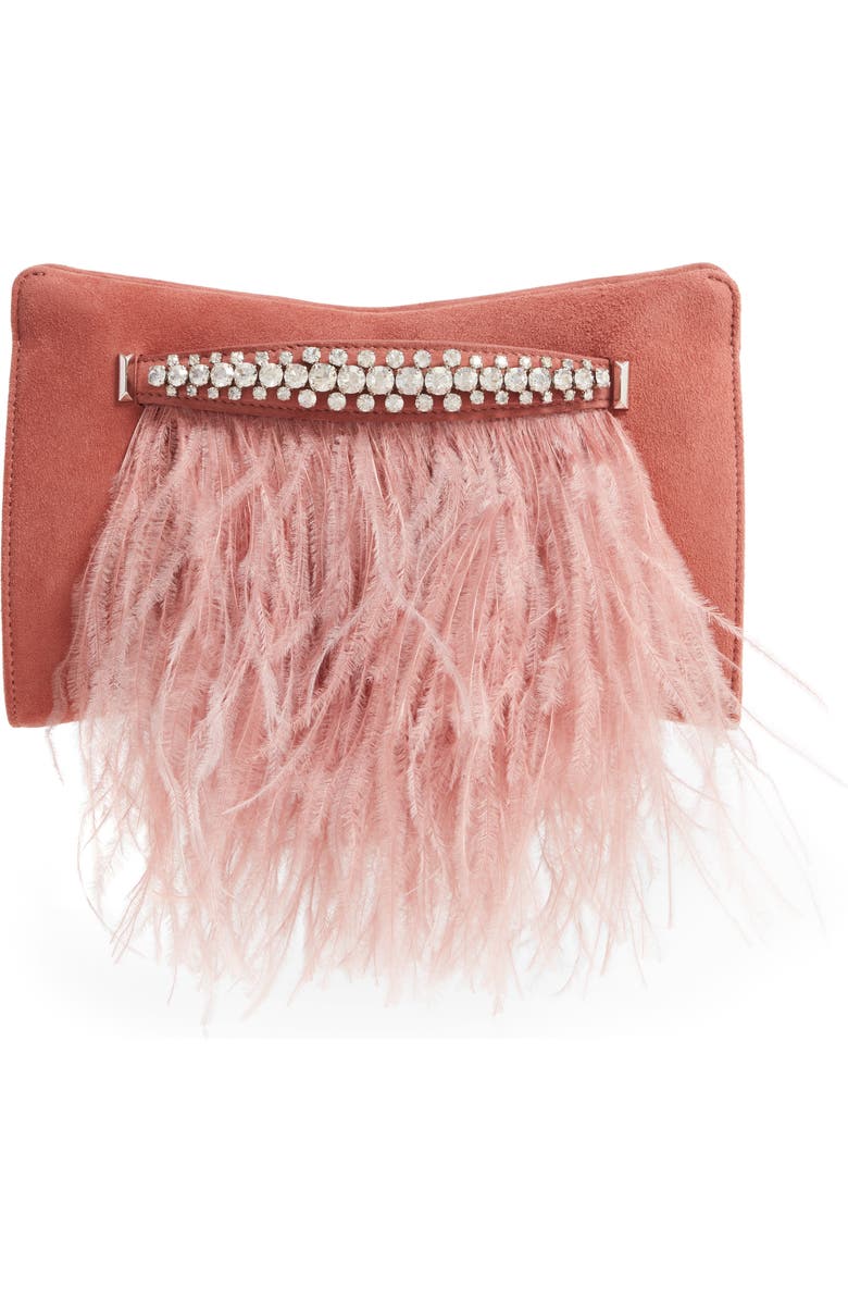 Jimmy Choo Feather Leather Clutch with Crystal Bracelet Handle, Main, color,