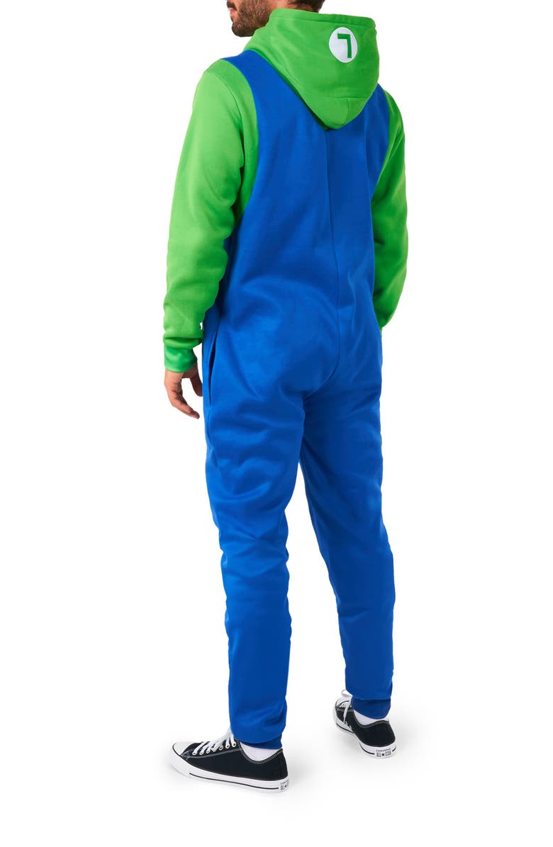 OppoSuits Super Mario<sup>™</sup> Luigi Hooded Long Sleeve Fleece Jumpsuit, Alternate, color, Blue