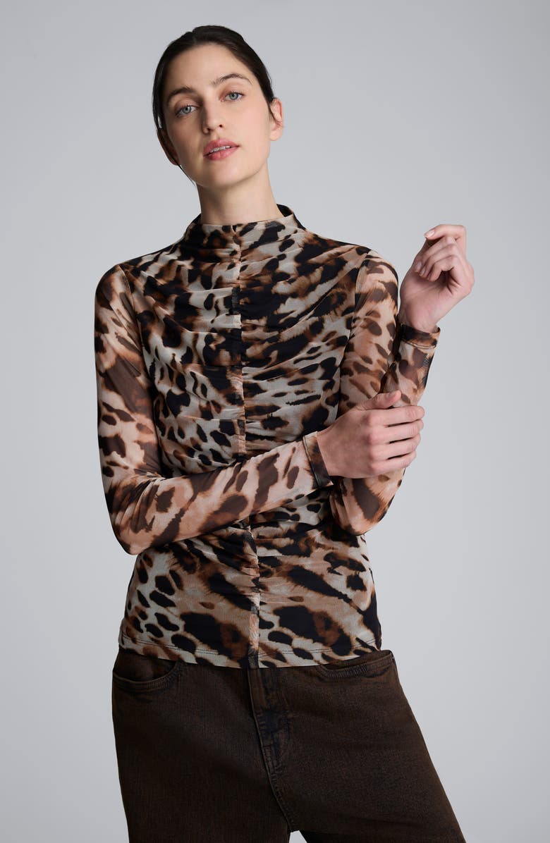 Kenneth Cole Ruched Mesh Funnel Neck Top, Alternate, color, Black Multi