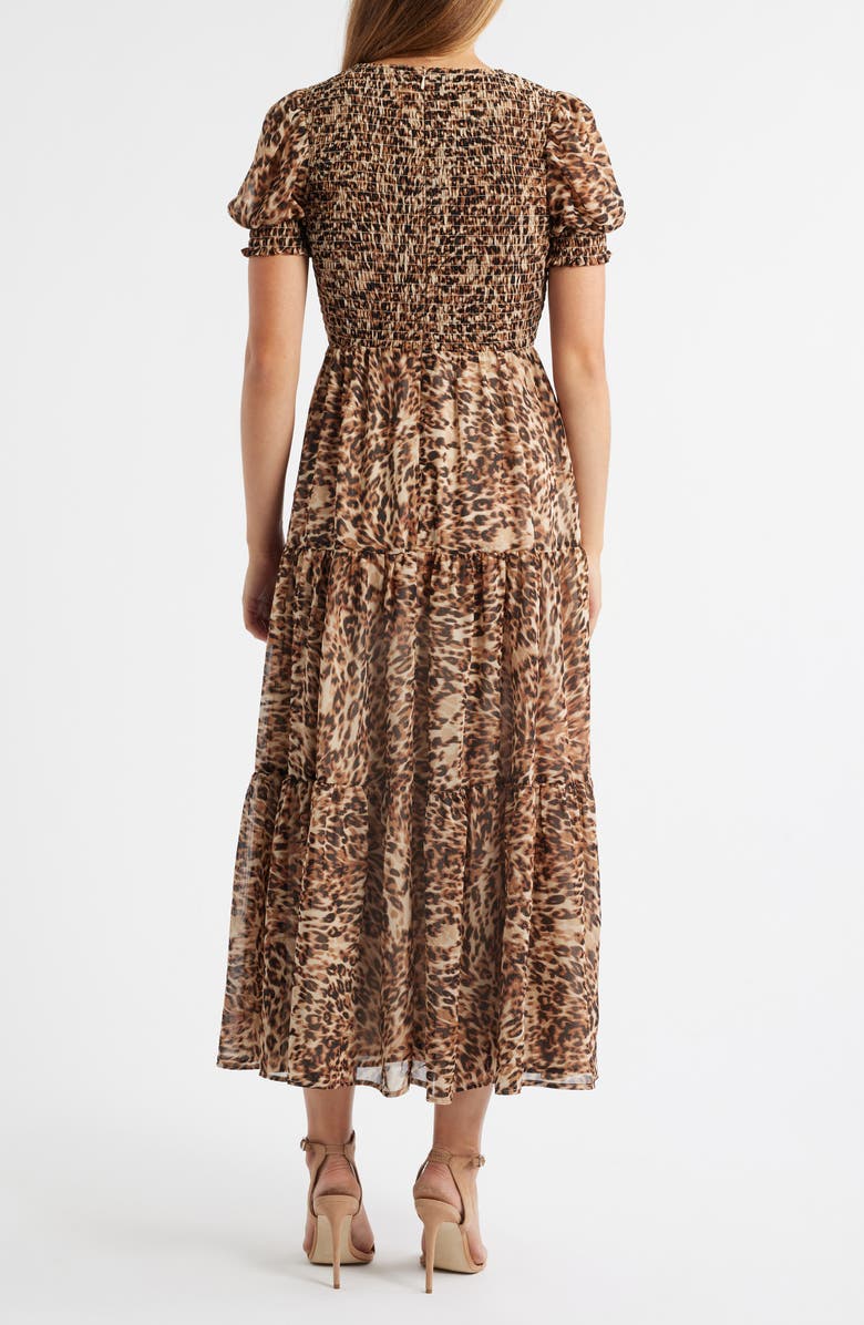 Anne Klein Smocked Puff Sleeve Maxi Dress, Alternate, color, Light Coffee Multi