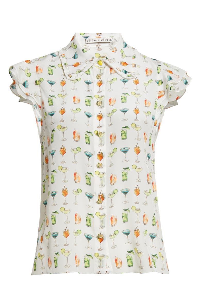 Alice + Olivia Martel Flutter Sleeve Silk Shirt, Alternate, color, Sweet On You Off White