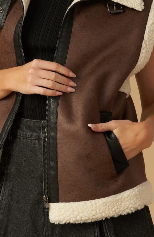 Flying Tomato Faux Shearling Trim Faux Leather Vest In Brown