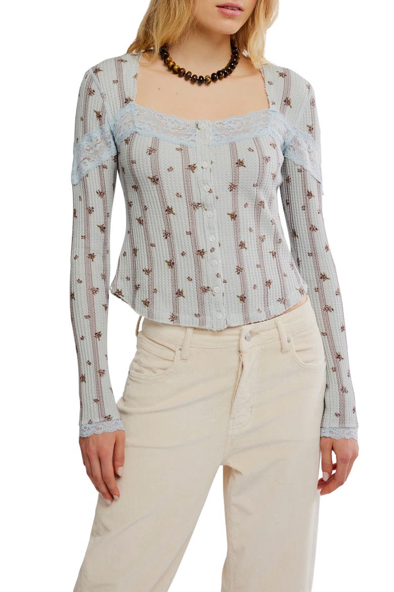 Let's Party Floral Lace Trim Cotton Waffle Knit Button-Up Top, Main, color, PEARL BLUE COMBO