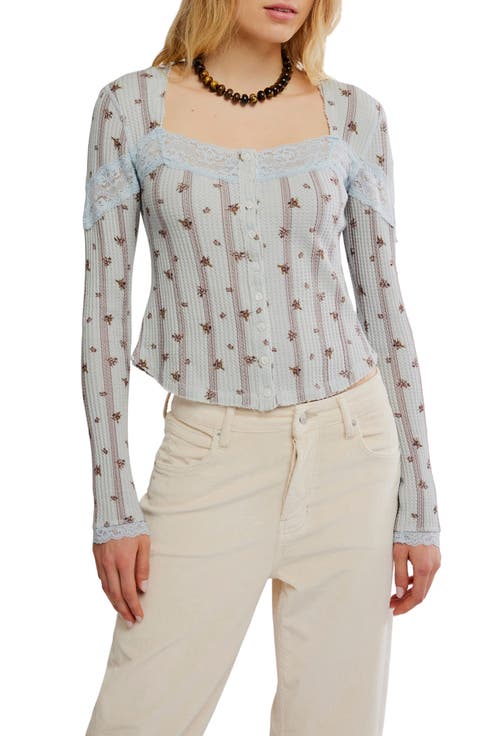 Let's Party Floral Lace Trim Cotton Waffle Knit Button-Up Top