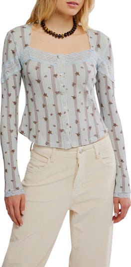 Free People Let's Party Floral Lace Trim Cotton Waffle Knit Button