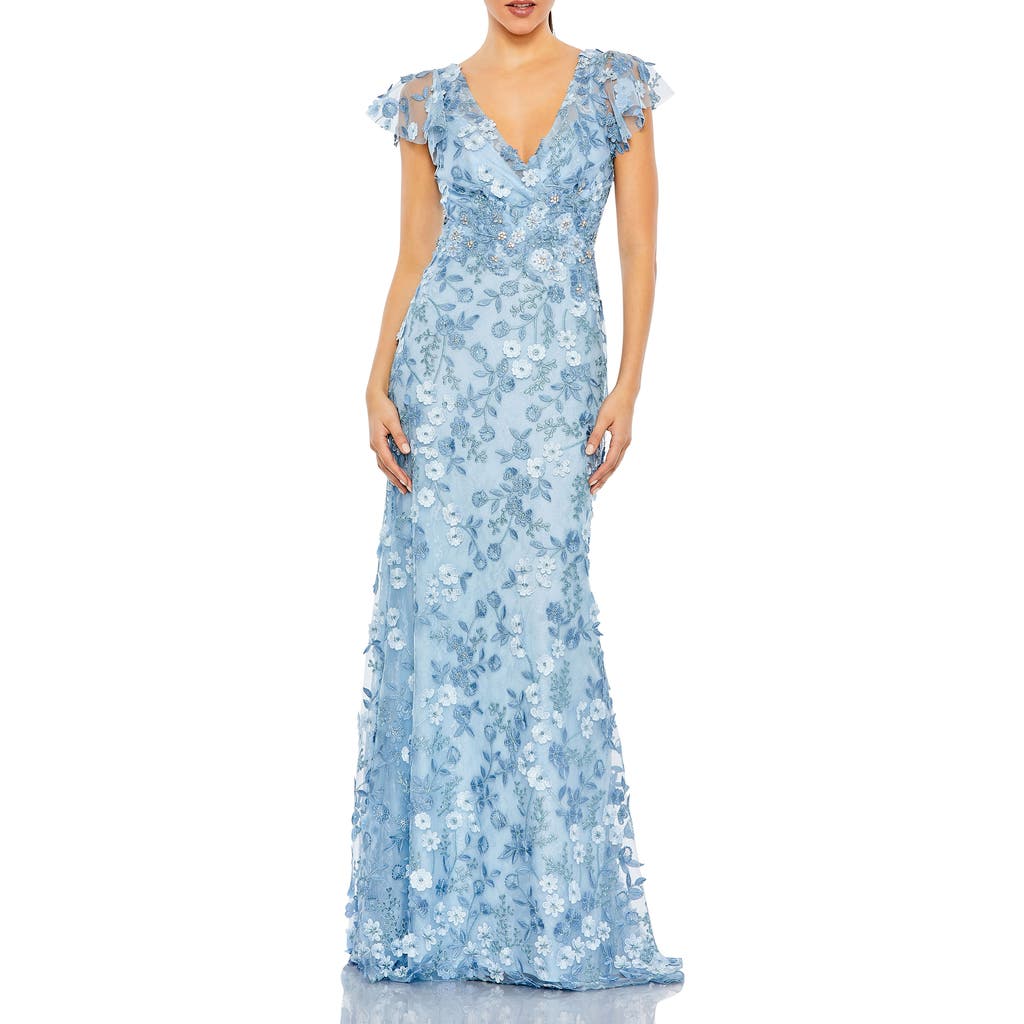 Mac Duggal Embroidered Applique Wrap Over Flutter Sleeve Gown In Blue