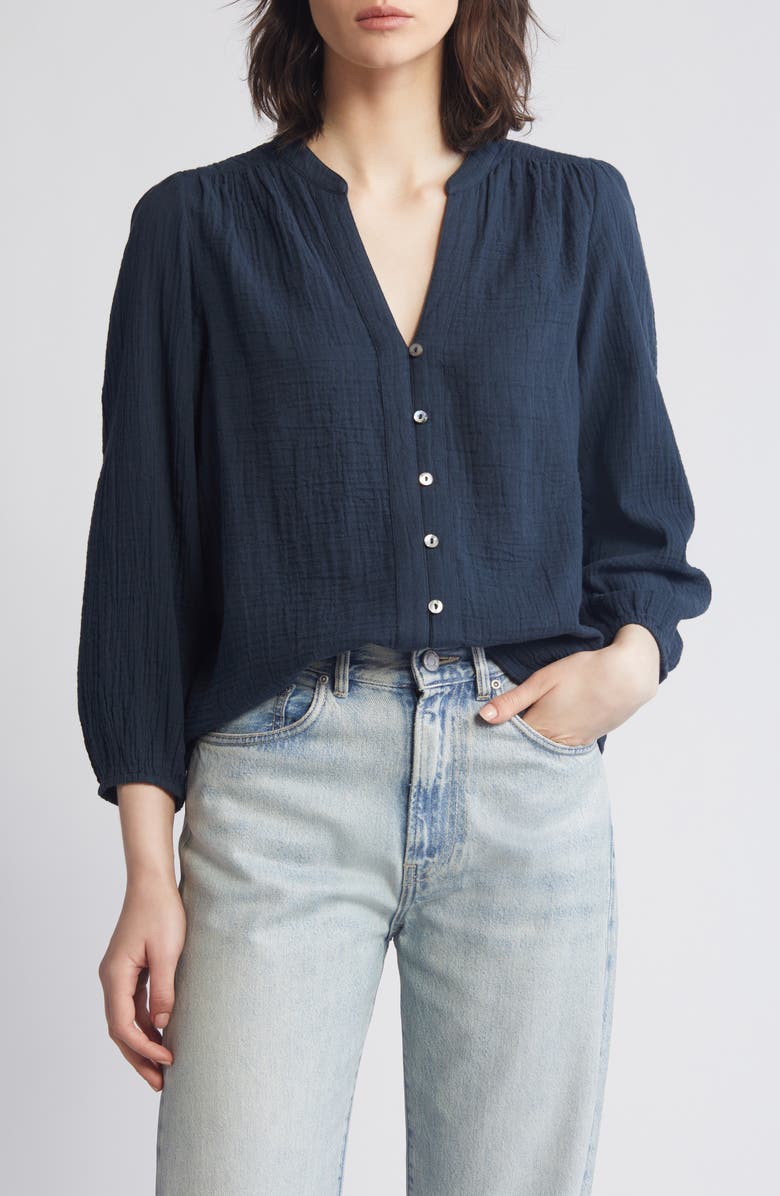 Faherty Finley Long Sleeve Organic Cotton Double Weave Top, Main, color, Navy