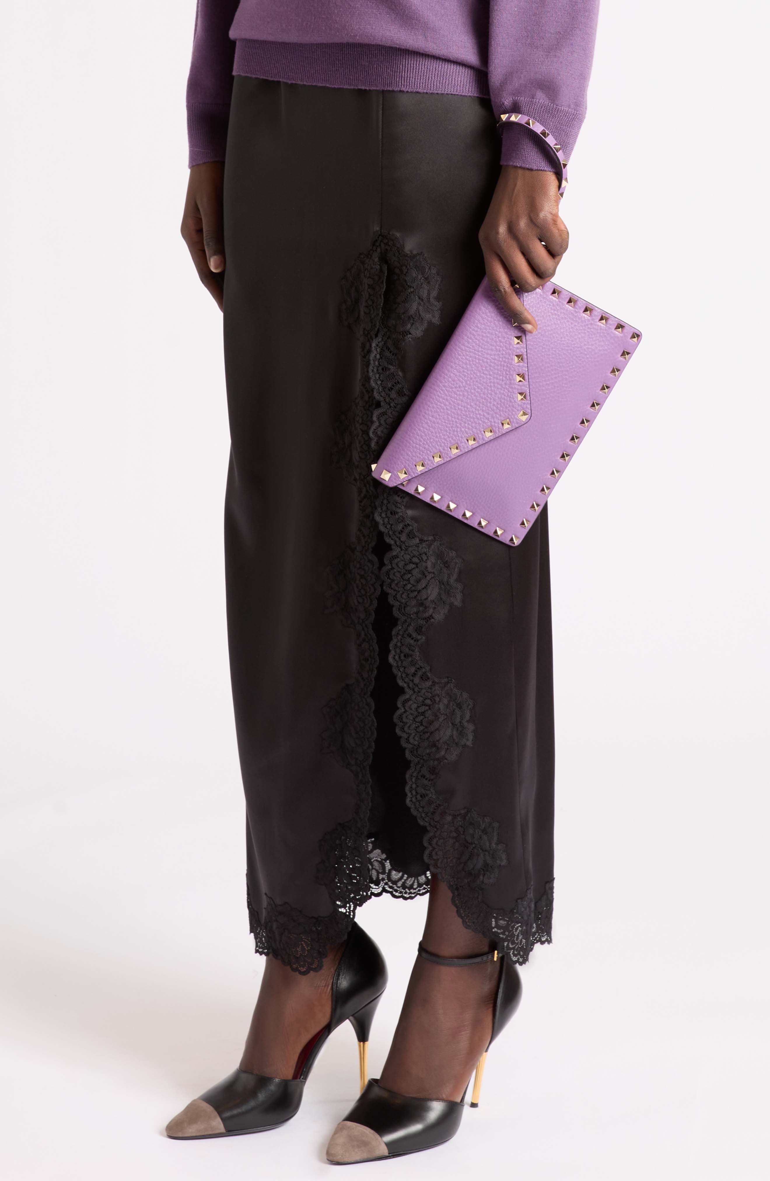 Medium Rockstud Leather Clutch, Alternate, color, VIOLET