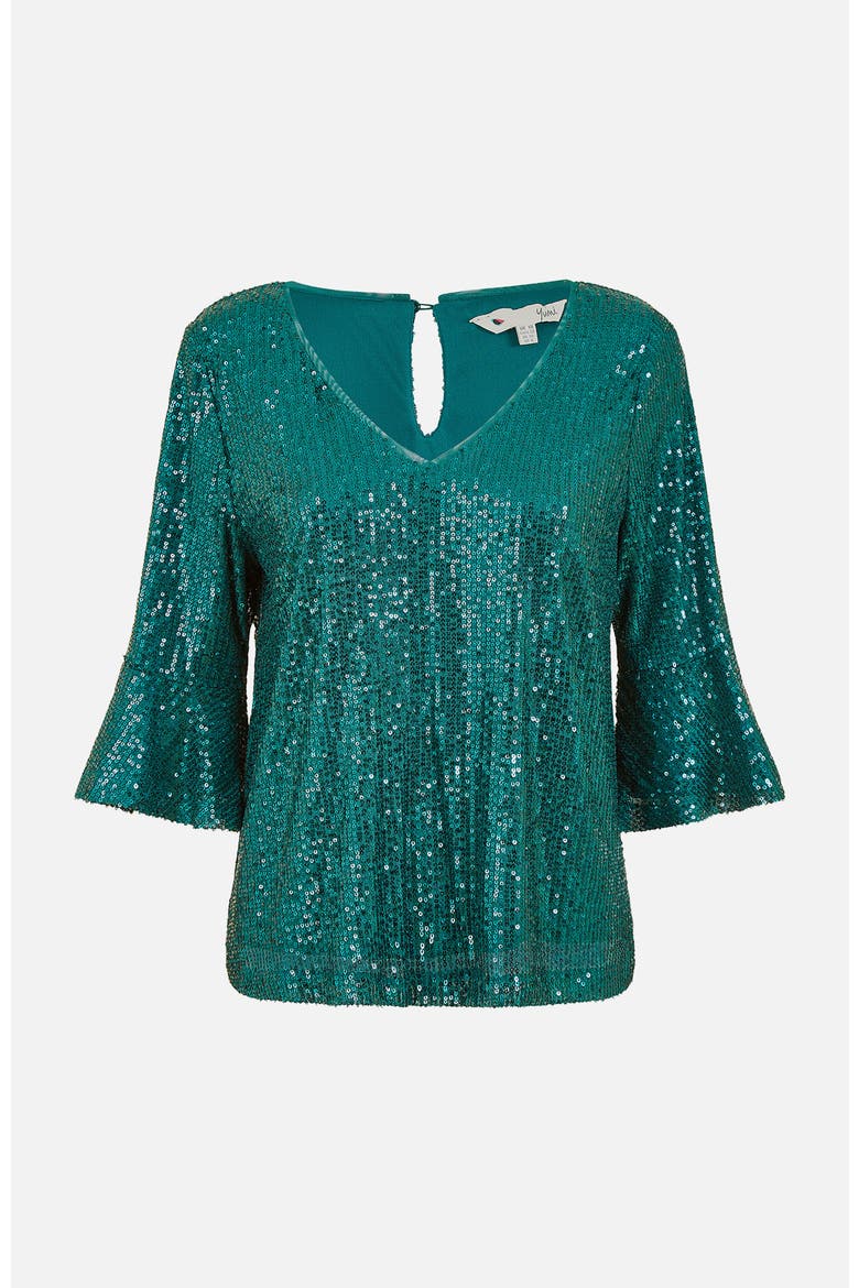 Fluted Sleeve Sequin Top, Alternate, color, Green
