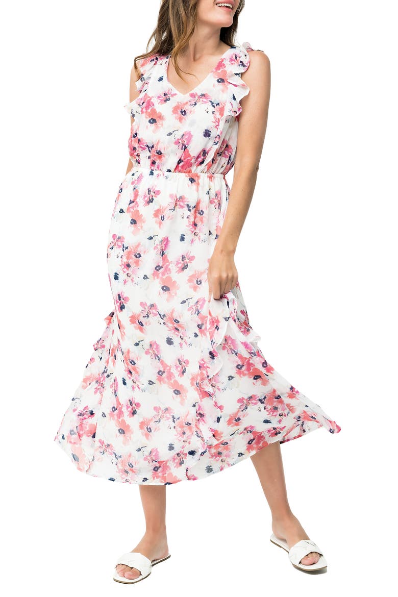 Floral Ruffle Detail Sleeveless Dress, Main, color, WHITE CORAL FLORAL