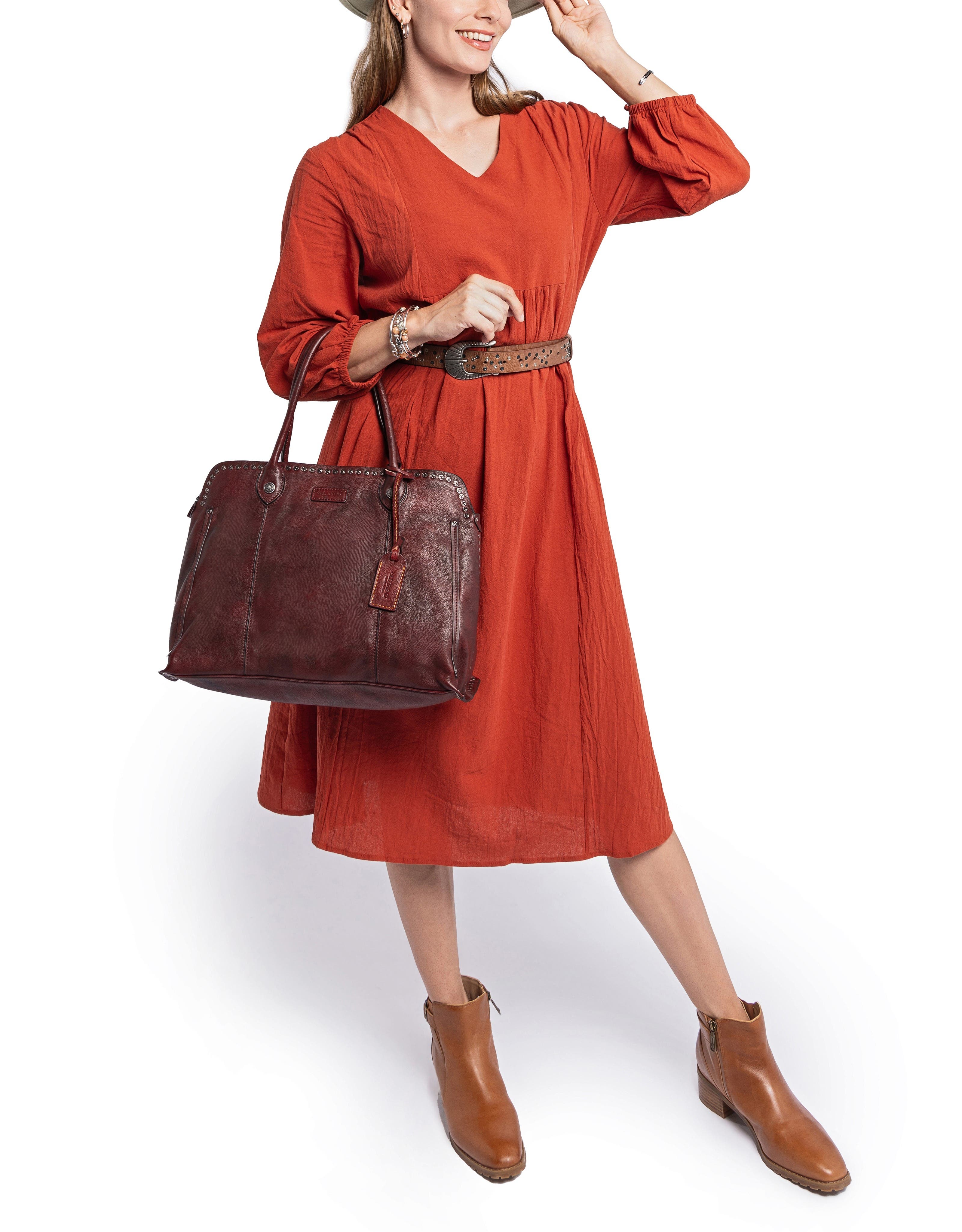 Soul Stud Genuine Leather Structured Satchel, Alternate, color, Rusty Red