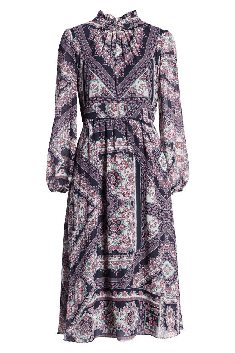 Tile Print Mock Neck Long Sleeve Midi Dress, Alternate, color, NAVY/ PINK