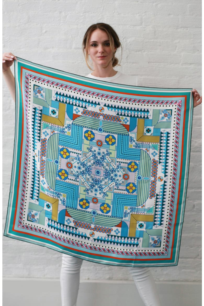 Silk Scarf Of Reconstruction With Shapes In Blue, Alternate, color, Blue
