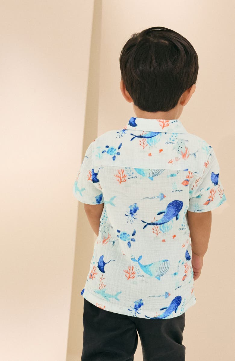 NEXT Kids' Sea Life Print Short Sleeve Cotton Button-Up Shirt, Alternate, color, 