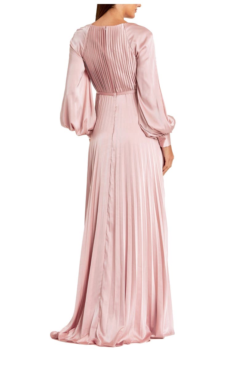 Mac Duggal Pleated High Neck Raglan Long Sleeve Side Slit Gown, Alternate, color, Blush