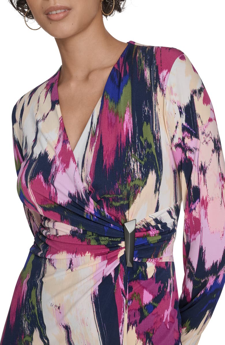 Calvin Klein Floral Long Sleeve Faux Wrap Dress, Alternate, color, Dark Purple Multi