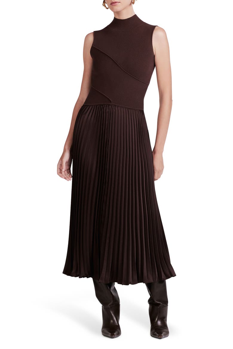 Maizie Sleeveless Pleated Mixed-Media Dress, Main, color, CHOCOLATE
