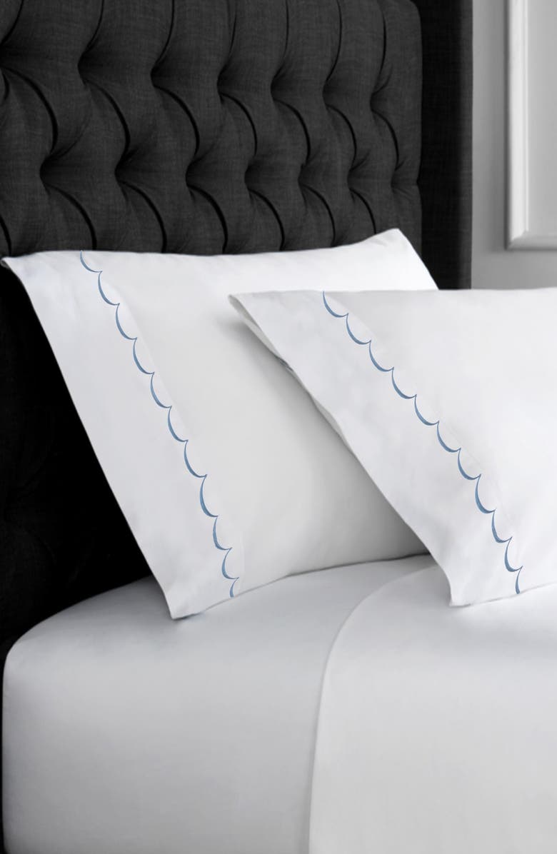 MELANGE HOME Scalloped Edge Embroidered 600 Thread Count Pillowcases, Alternate, color, White/ Blue