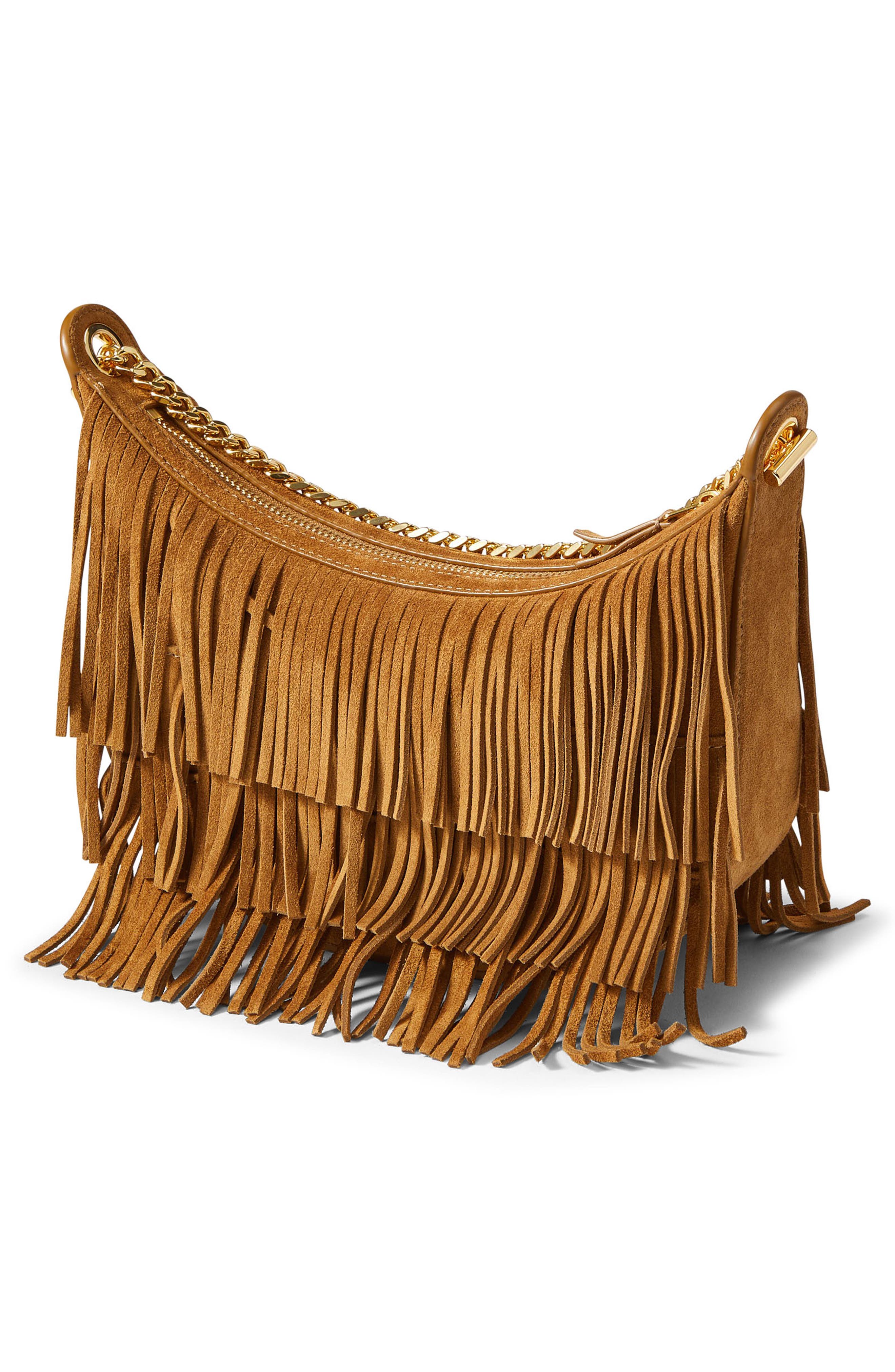 Veronica Beard Small Fortune Fringe Suede Shoulder Bag, Alternate, color, Acorn