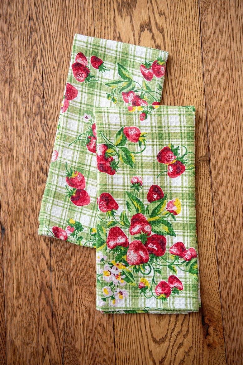 Strawberry Gingham Tea Towels, Set of 2, Alternate, color, Green