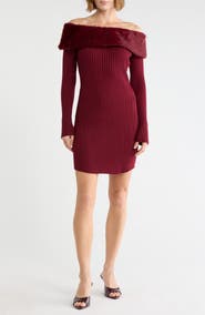 Madden Girl Faux Fur Trim Off the Shoulder Ribbed Minidress
