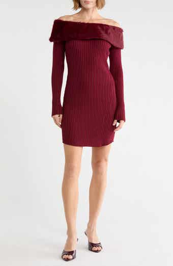 Faux Fur Trim Off the Shoulder Ribbed Minidress